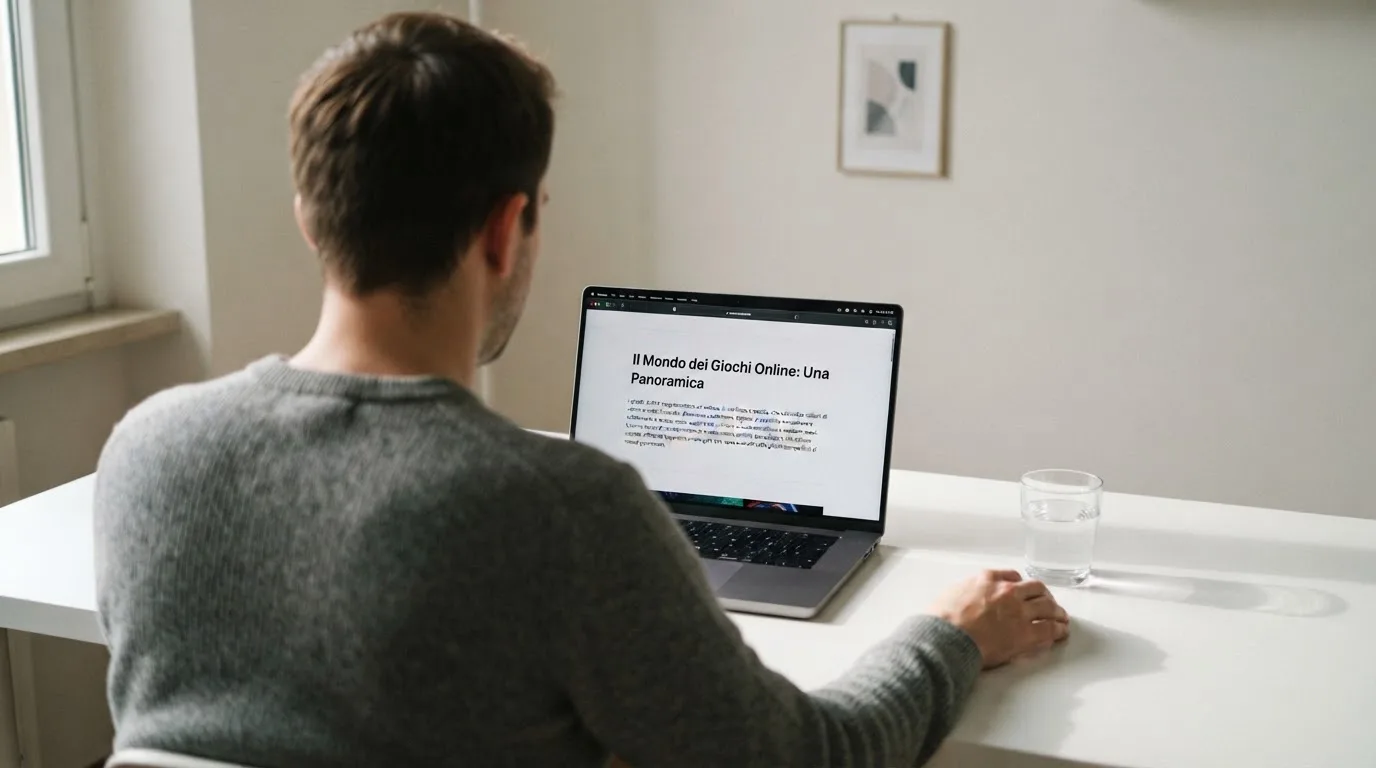Persona davanti a un portatile che legge una pagina informativa sul gioco online in Italia — 100 giri gratis senza deposito
