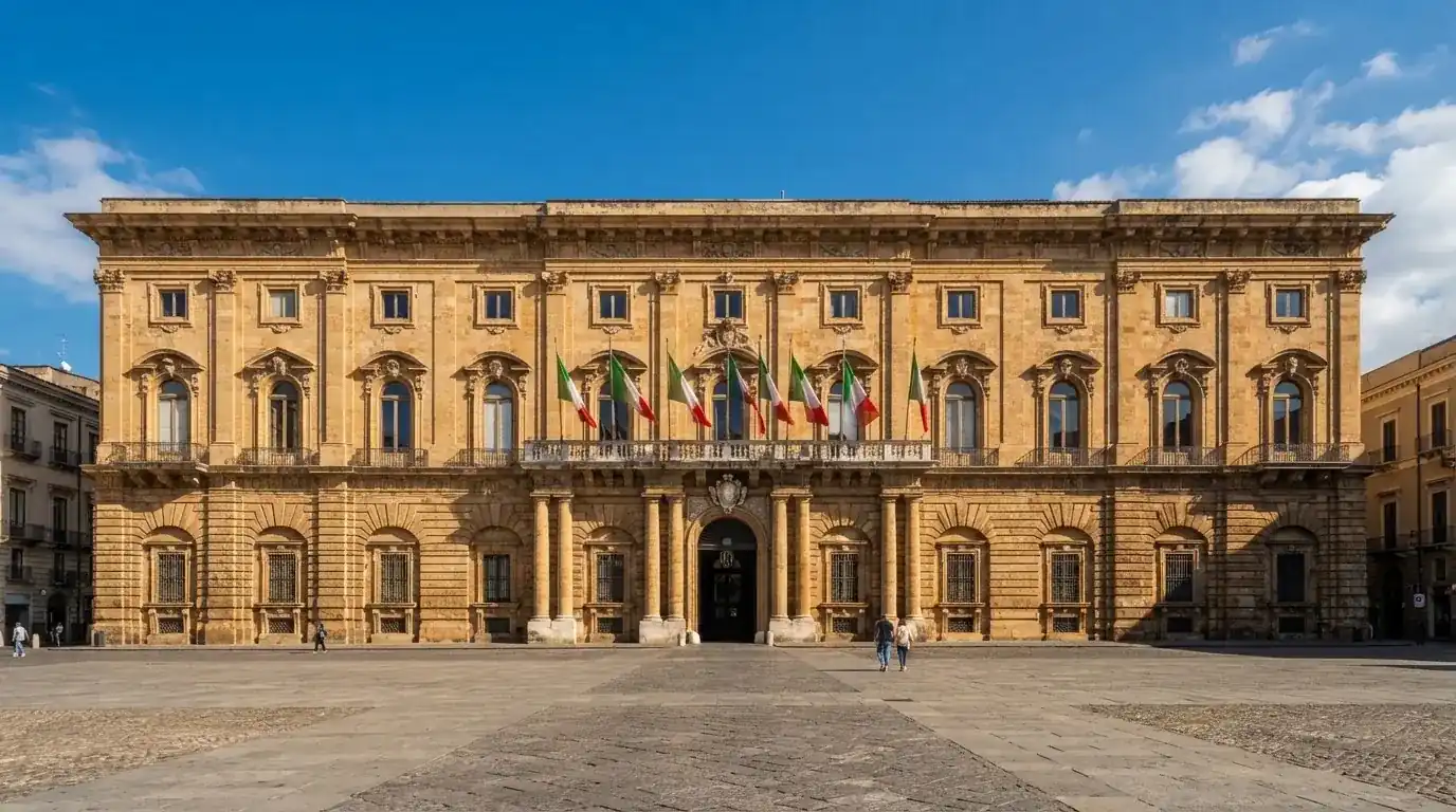 Palazzo istituzionale con bandiere al vento in una piazza soleggiata — 100 giri gratis senza deposito