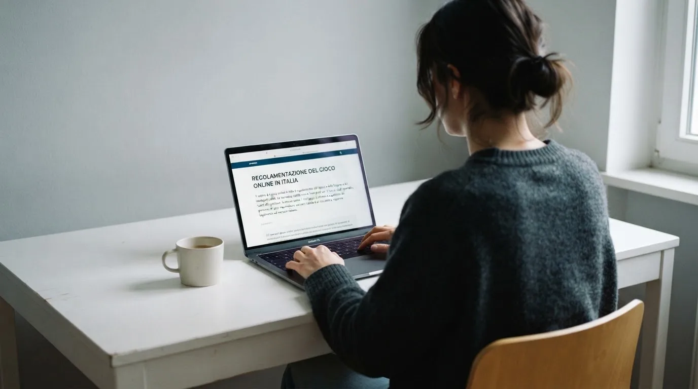 Persona davanti a un portatile che legge una pagina informativa sul gioco online in Italia — 25, 30, 50, 100, 200 giri gratis senza deposito