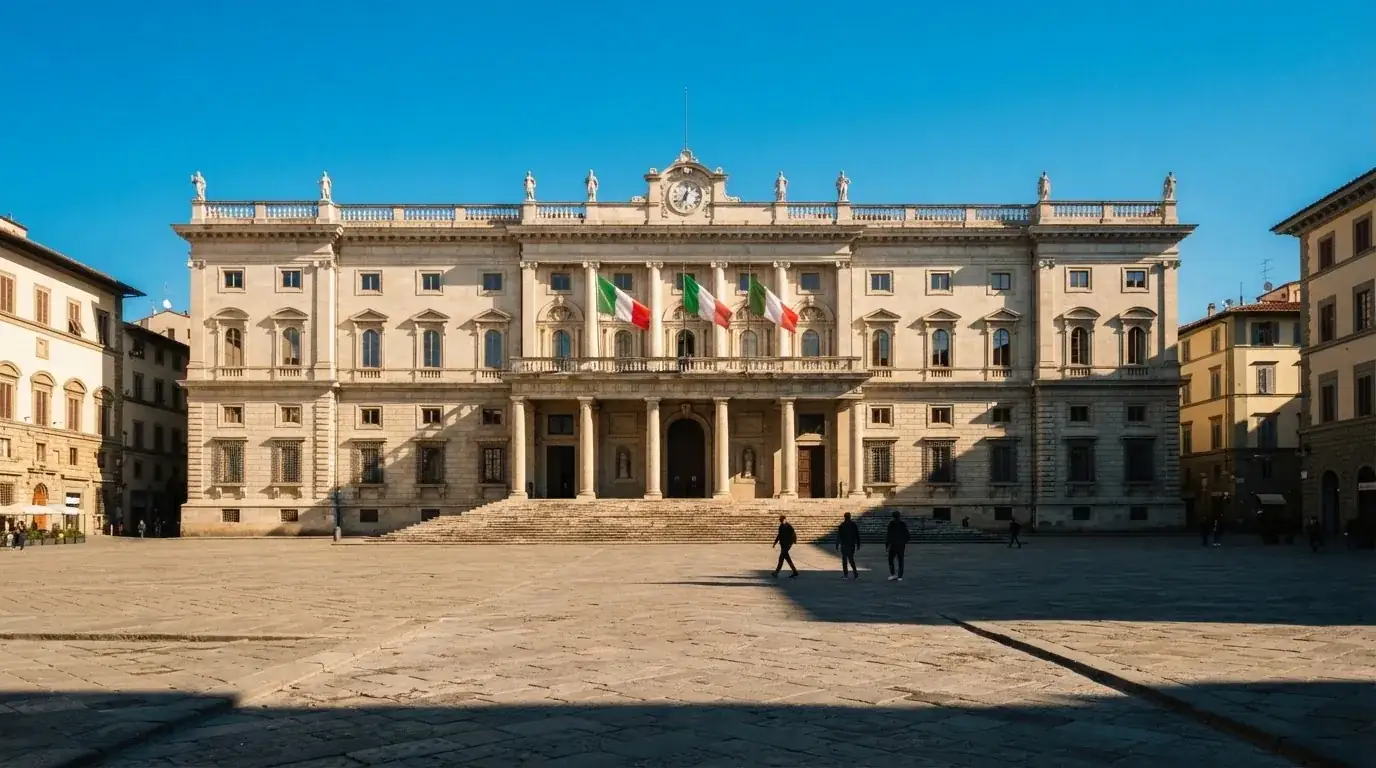 Palazzo istituzionale con bandiere al vento in una piazza soleggiata — 25, 30, 50, 100, 200 giri gratis senza deposito