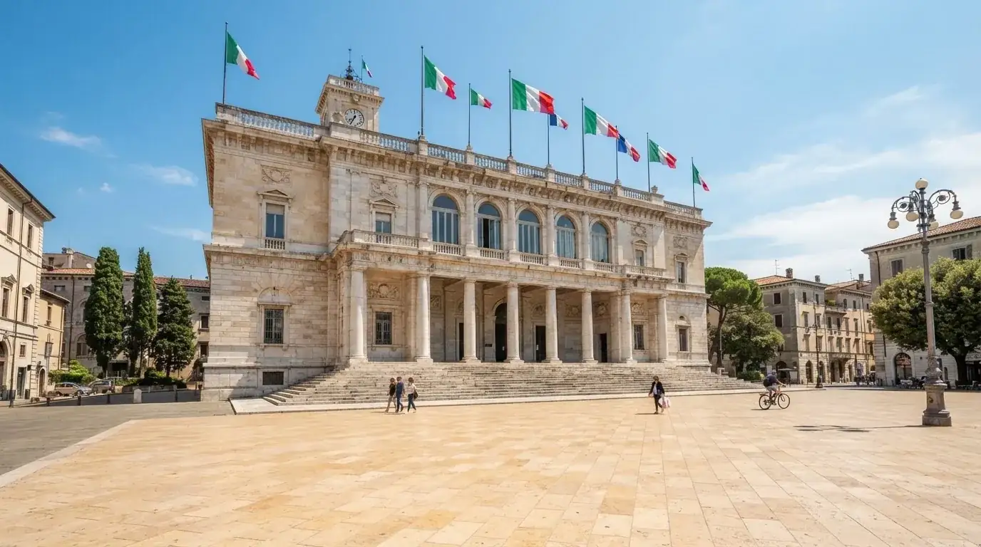 Palazzo istituzionale con bandiere al vento in una piazza soleggiata — 50 free spins senza deposito
