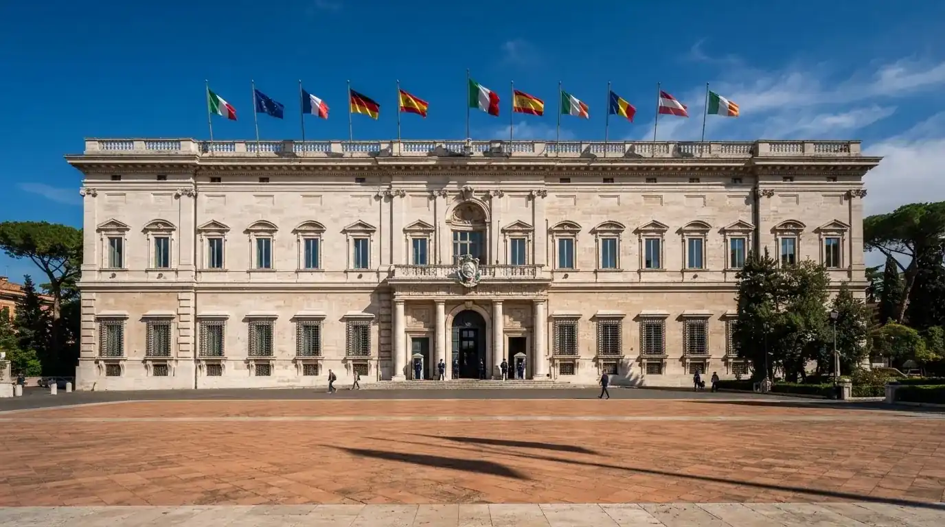 Palazzo istituzionale con bandiere al vento in una piazza soleggiata — casinò che accettano bitcoin