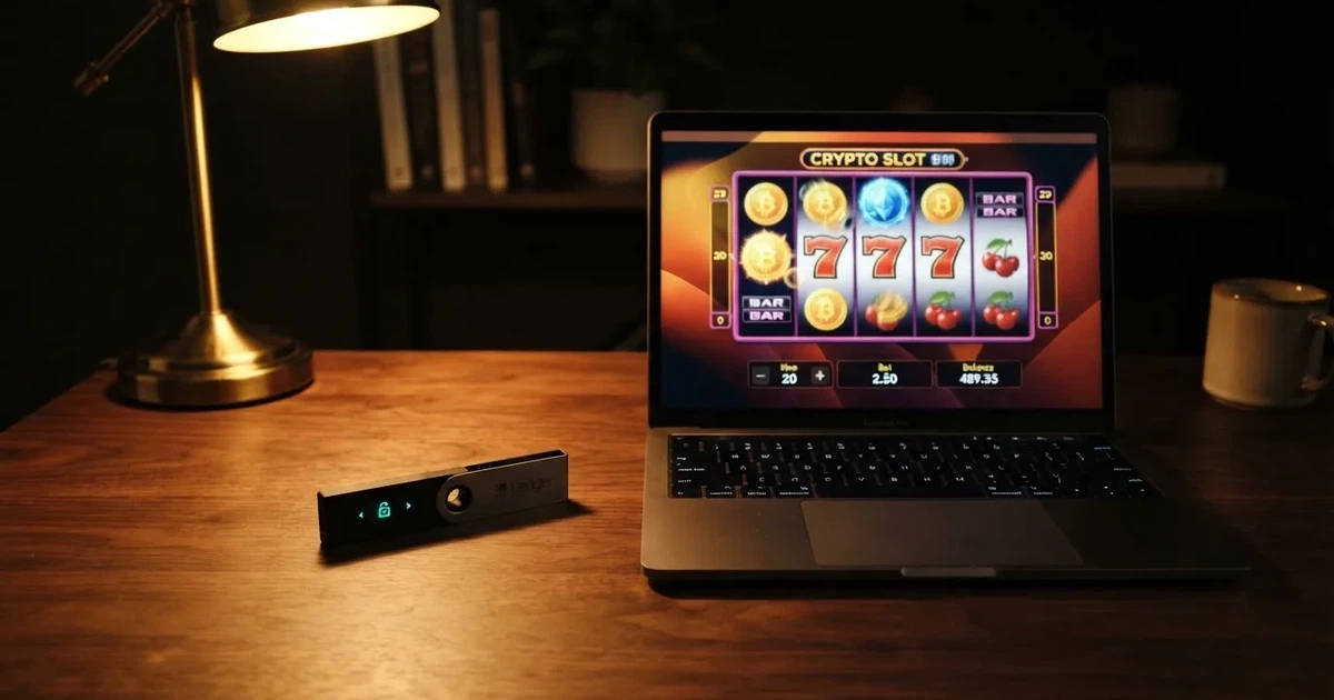 Portafoglio hardware accanto a un portatile su una scrivania scura con lampada — casinò che accettano bitcoin