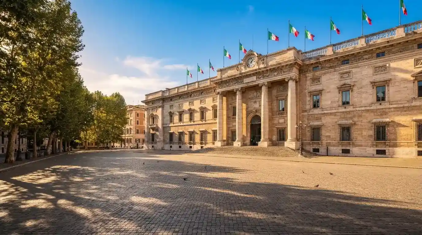 Palazzo istituzionale con bandiere al vento in una piazza soleggiata — casino com app android