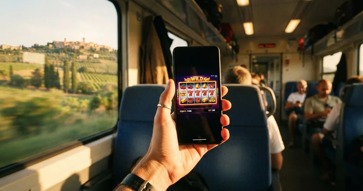 Smartphone in mano su un treno, paesaggio sfocato dal finestrino — casino com app android