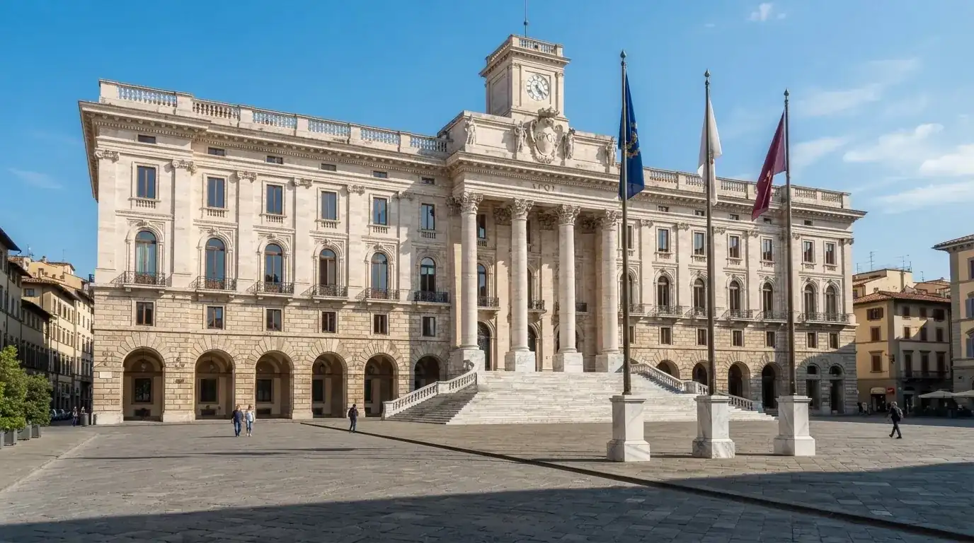 Palazzo istituzionale con bandiere al vento in una piazza soleggiata — casino com app iphone