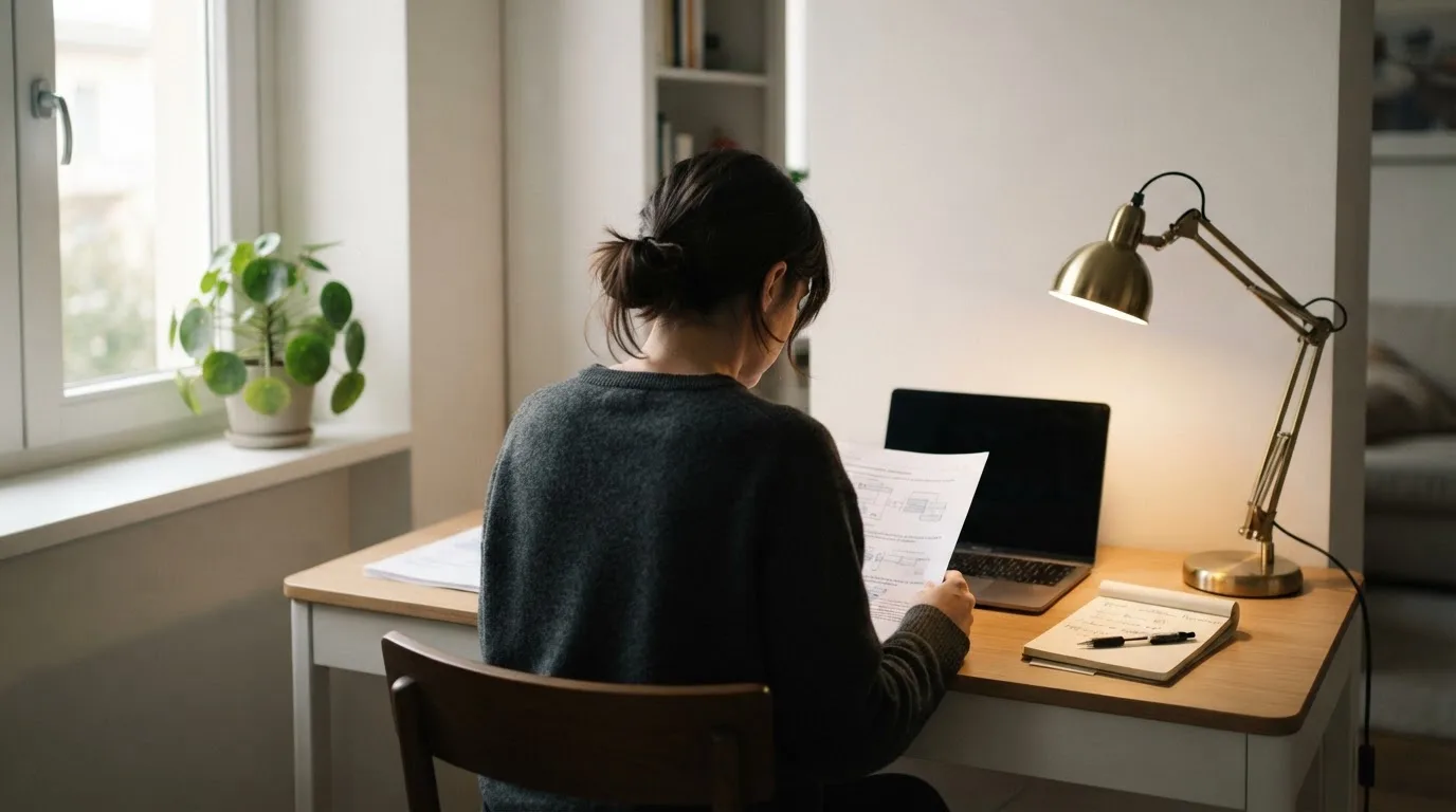 Una persona seduta a una scrivania minimalista con un laptop chiuso e una lampada accesa in un ufficio domestico ordinato.