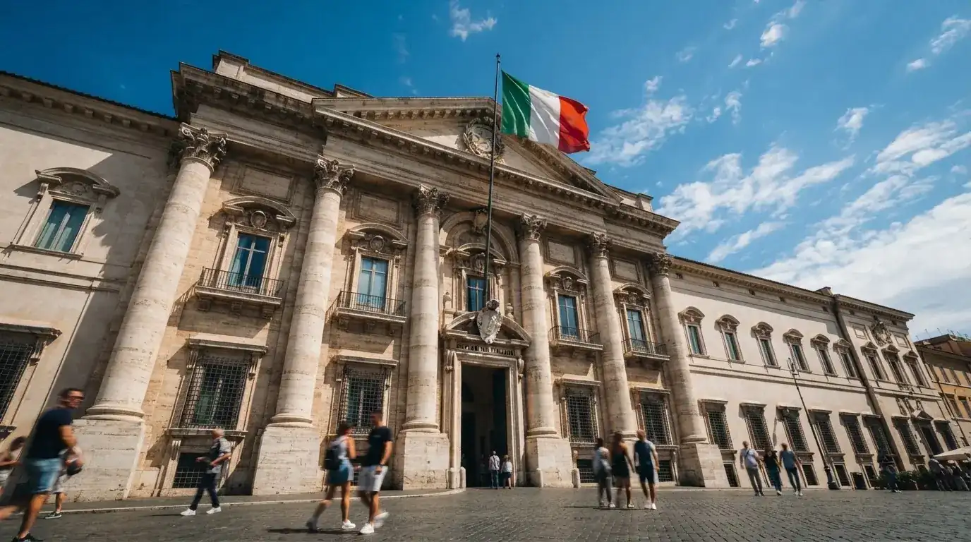 Un edificio governativo italiano con bandiera al vento fotografato dal basso in una giornata di sole.