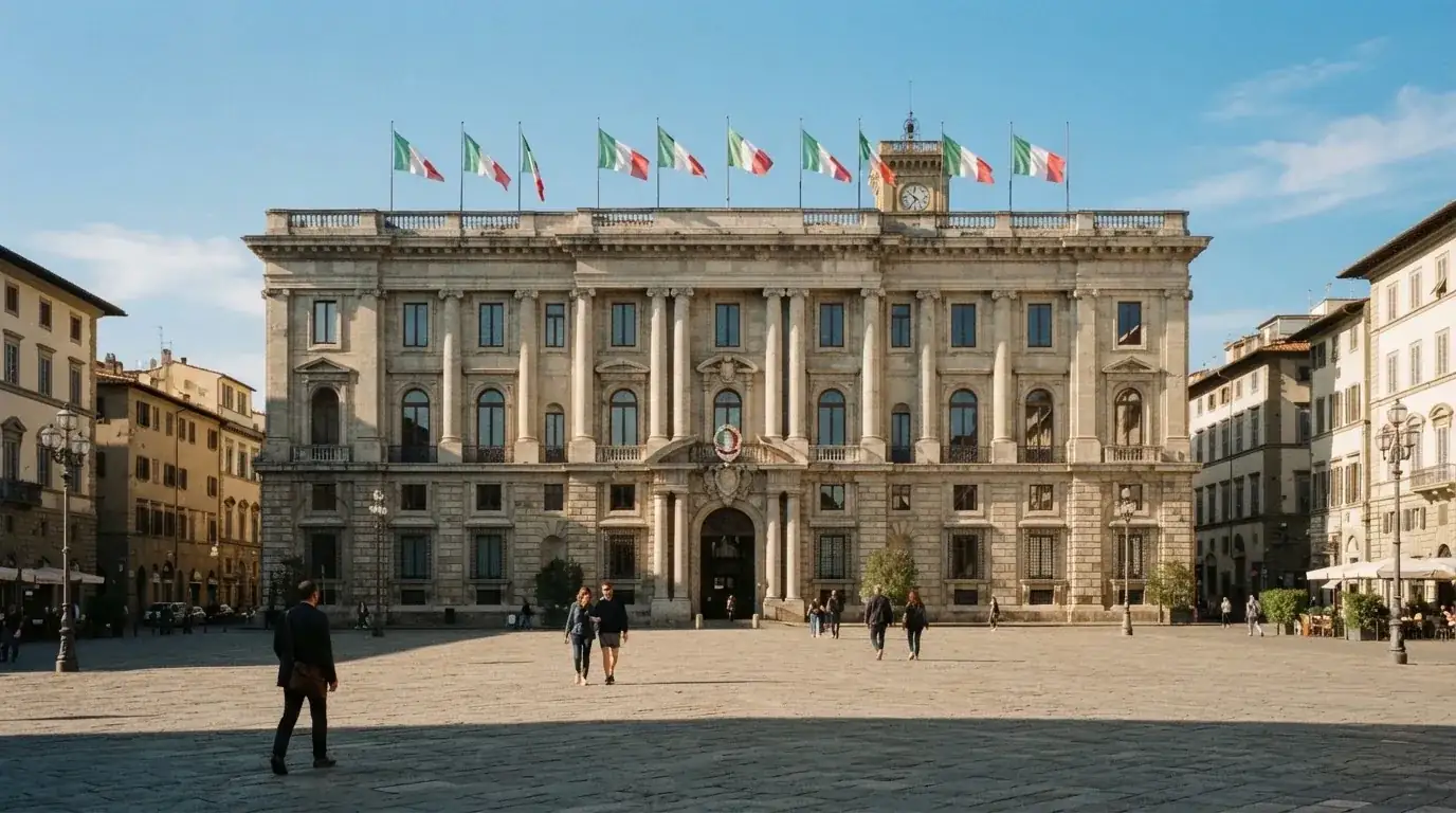 Palazzo istituzionale con bandiere al vento in una piazza soleggiata — casino dal vivo online