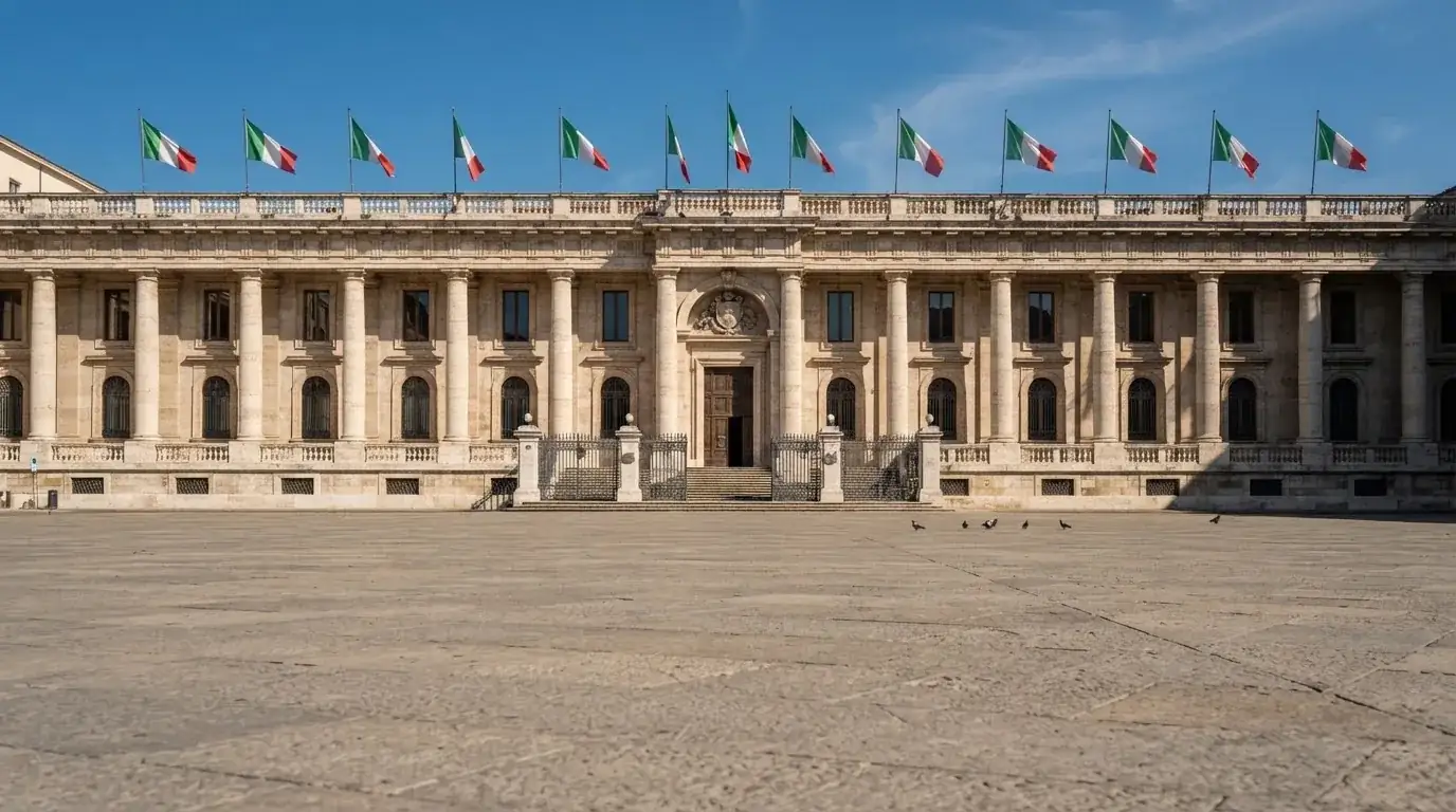 Palazzo istituzionale con bandiere al vento in una piazza soleggiata — casino deposito minimo 1, 5, 10 e 20 euro
