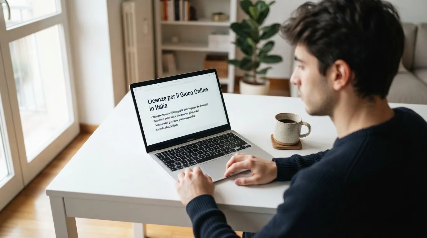 Persona davanti a un portatile che legge una pagina informativa sul gioco online in Italia — casino deposito minimo 1 euro
