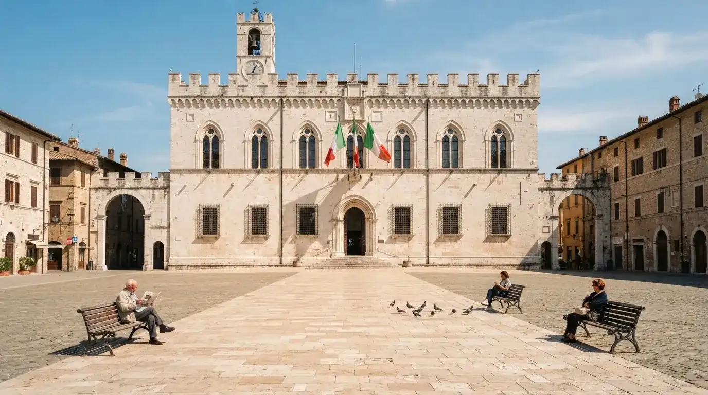 Palazzo istituzionale con bandiere al vento in una piazza soleggiata — casino deposito minimo 1 euro
