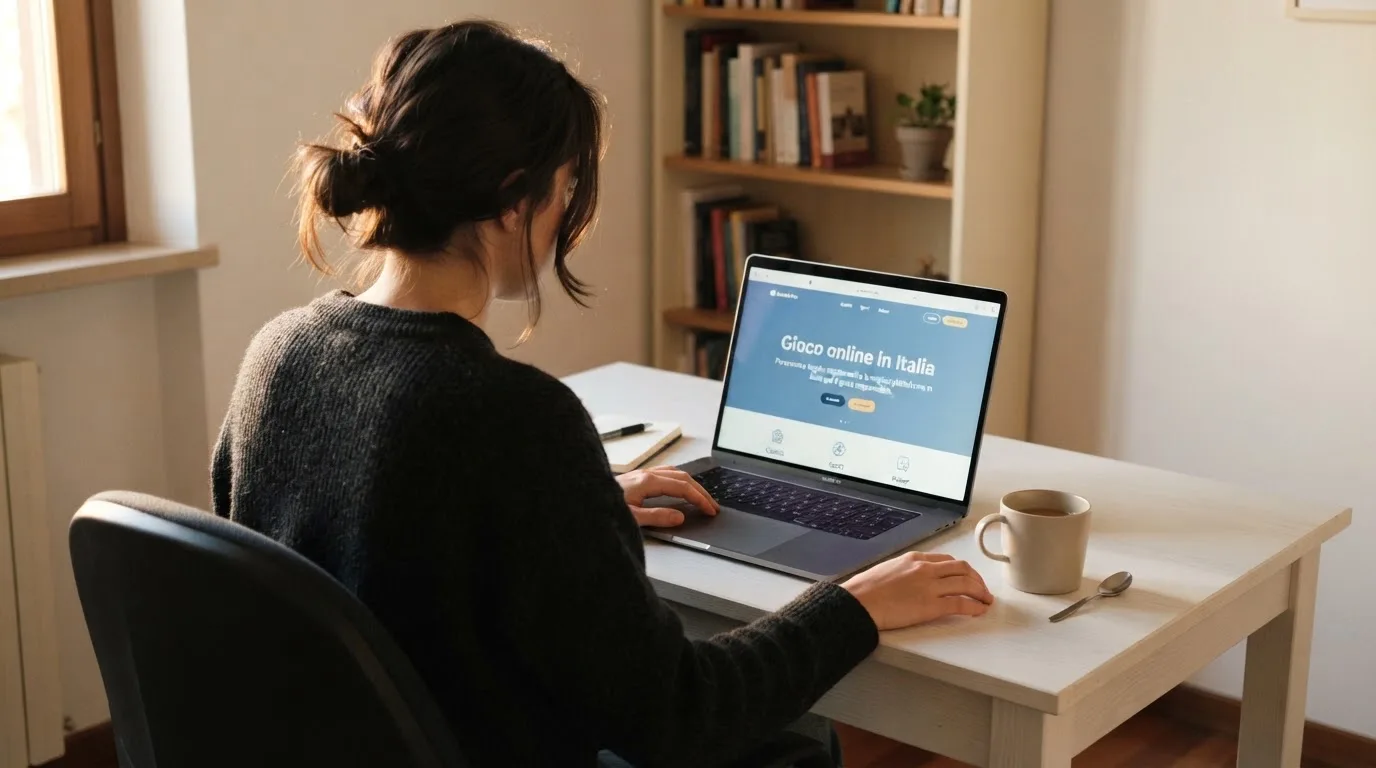 Persona davanti a un portatile che legge una pagina informativa sul gioco online in Italia — casino deposito minimo 10 centesimi