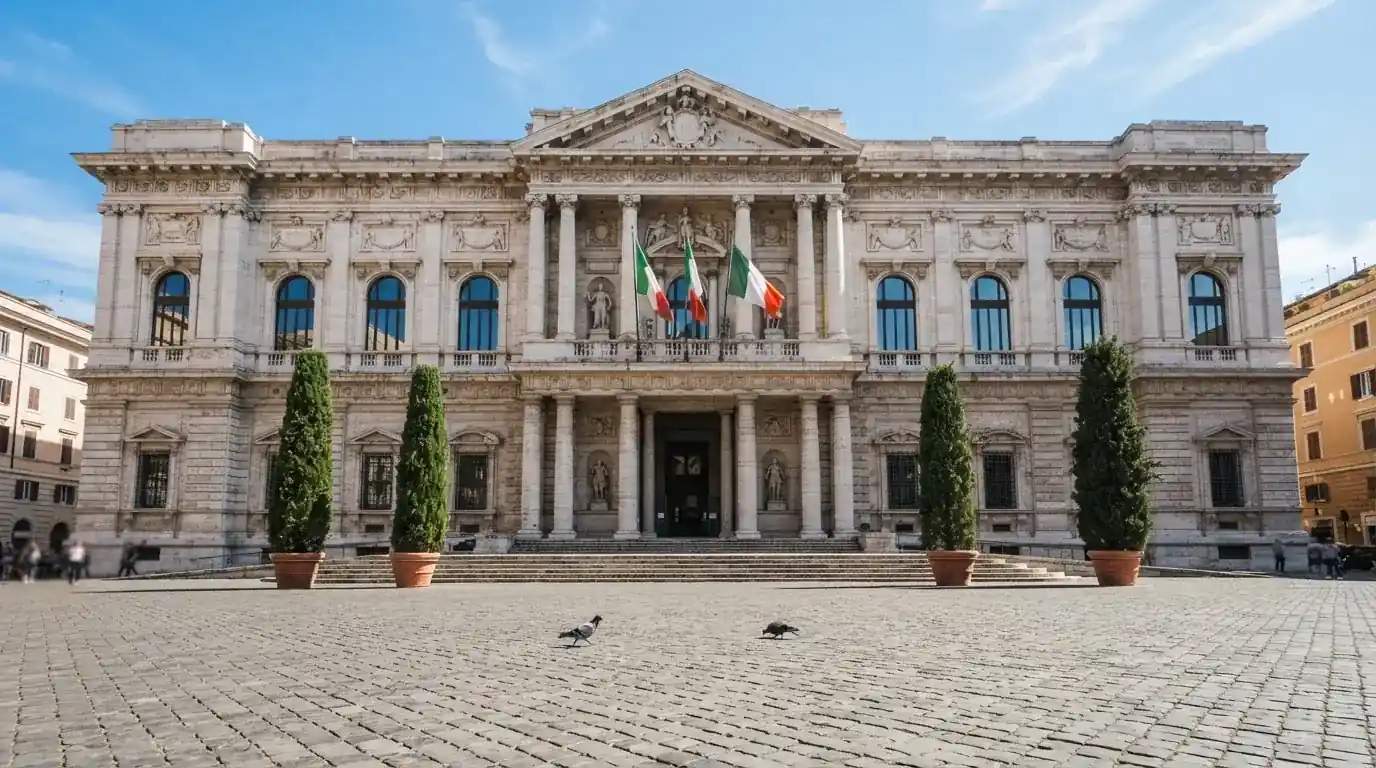 Palazzo istituzionale con bandiere al vento in una piazza soleggiata — casino deposito minimo 10 centesimi