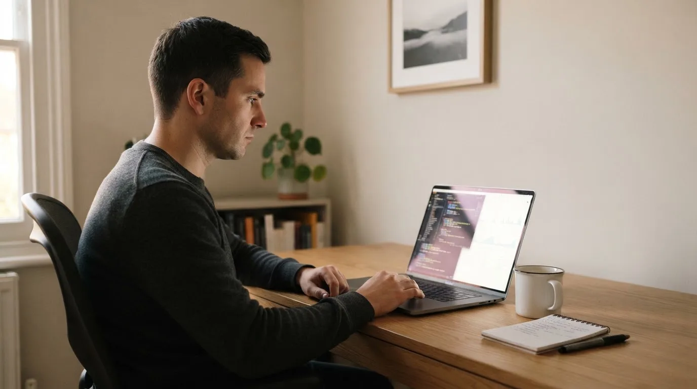 Un uomo seduto alla scrivania osserva pensieroso il monitor di un computer portatile, in una stanza ordinata con una tazza di caffè accanto.