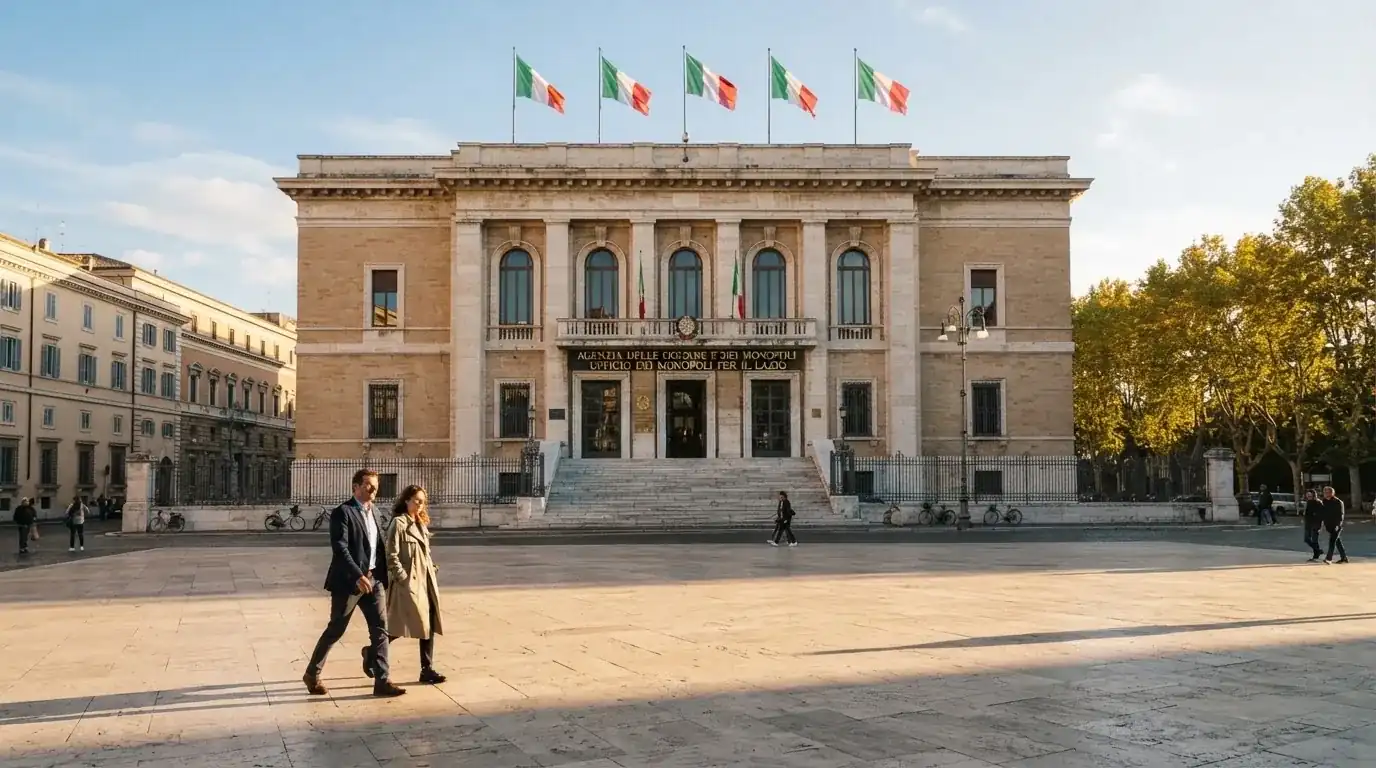 Palazzo istituzionale con bandiere al vento in una piazza soleggiata — casino metodi di pagamento italia