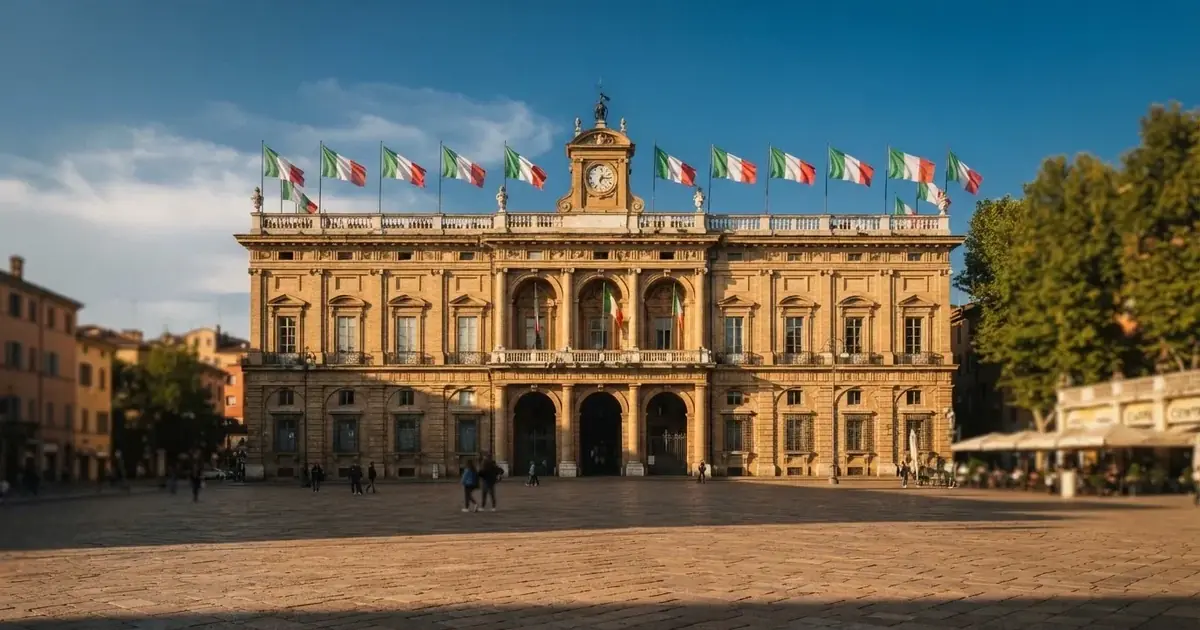 Palazzo istituzionale con bandiere al vento in una piazza soleggiata — casino no adm