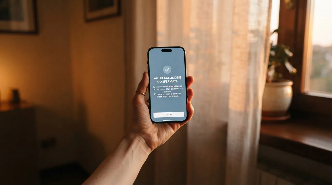 Mano che tiene uno smartphone accanto a una finestra, luce serale tranquilla — casino no adm
