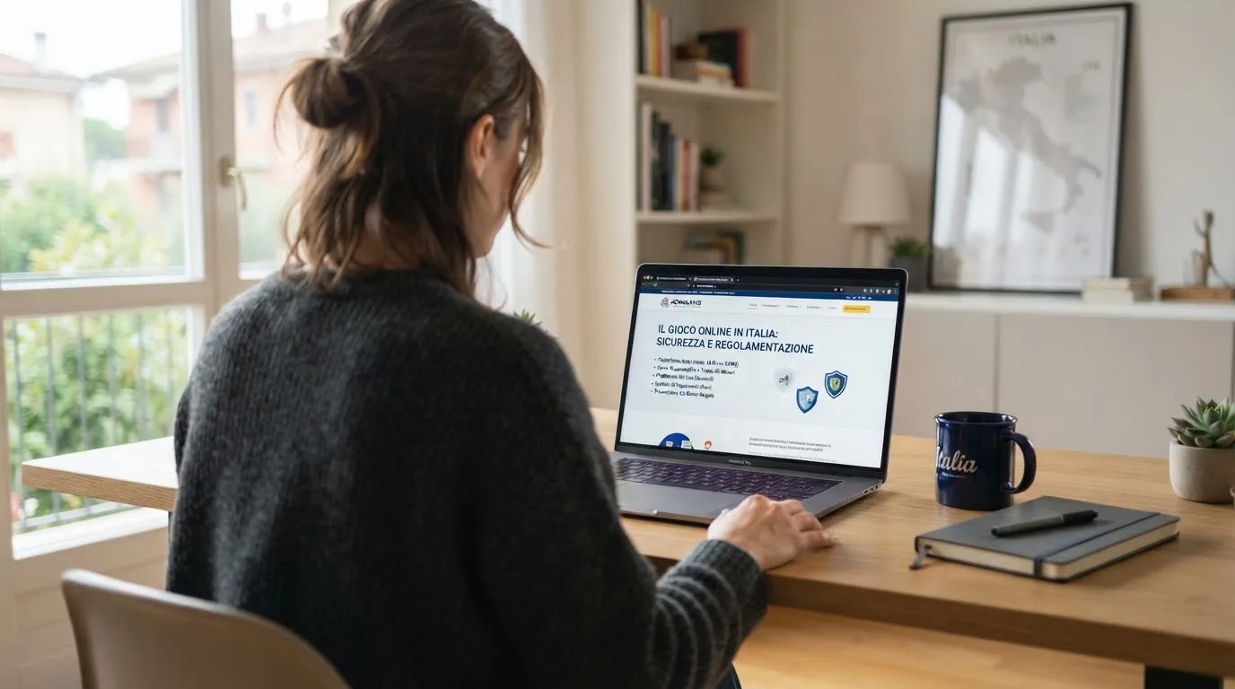 Persona davanti a un portatile che legge una pagina informativa sul gioco online in Italia — casinò non aams che accettano dogecoin