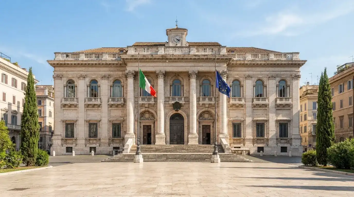 Palazzo istituzionale con bandiere al vento in una piazza soleggiata — casinò non aams che accettano dogecoin