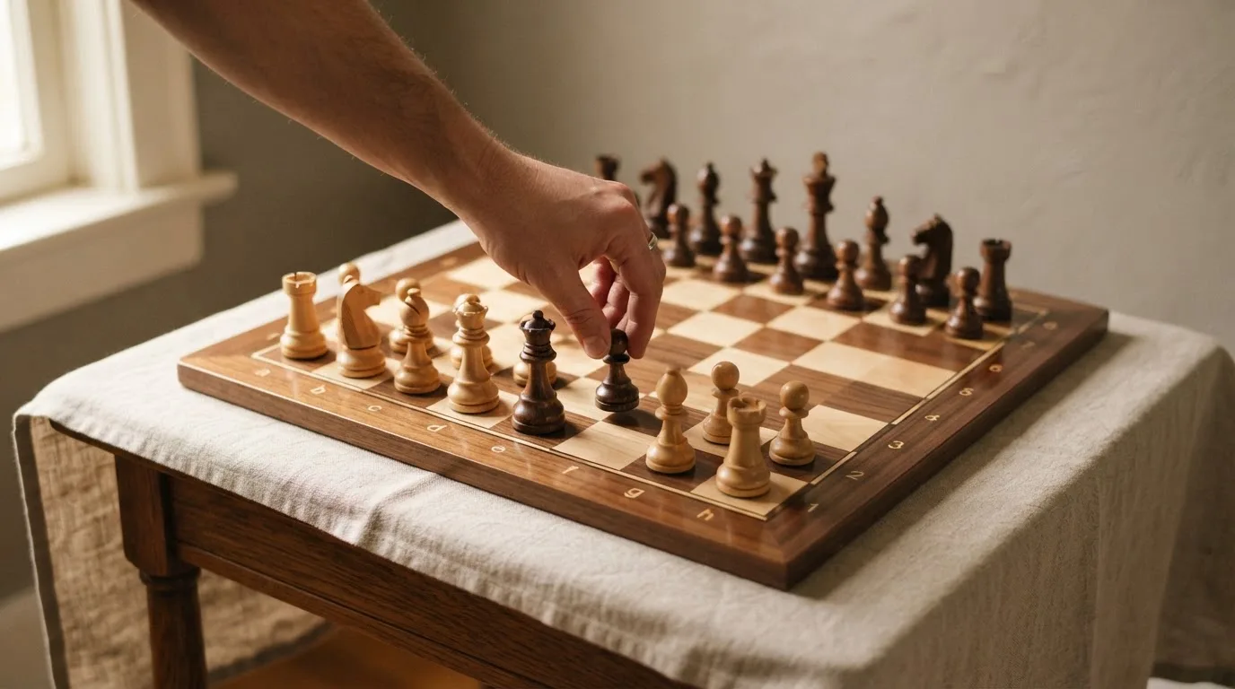Una mano dispone pedine di scacchi in ordine su una scacchiera di legno in una stanza silenziosa.