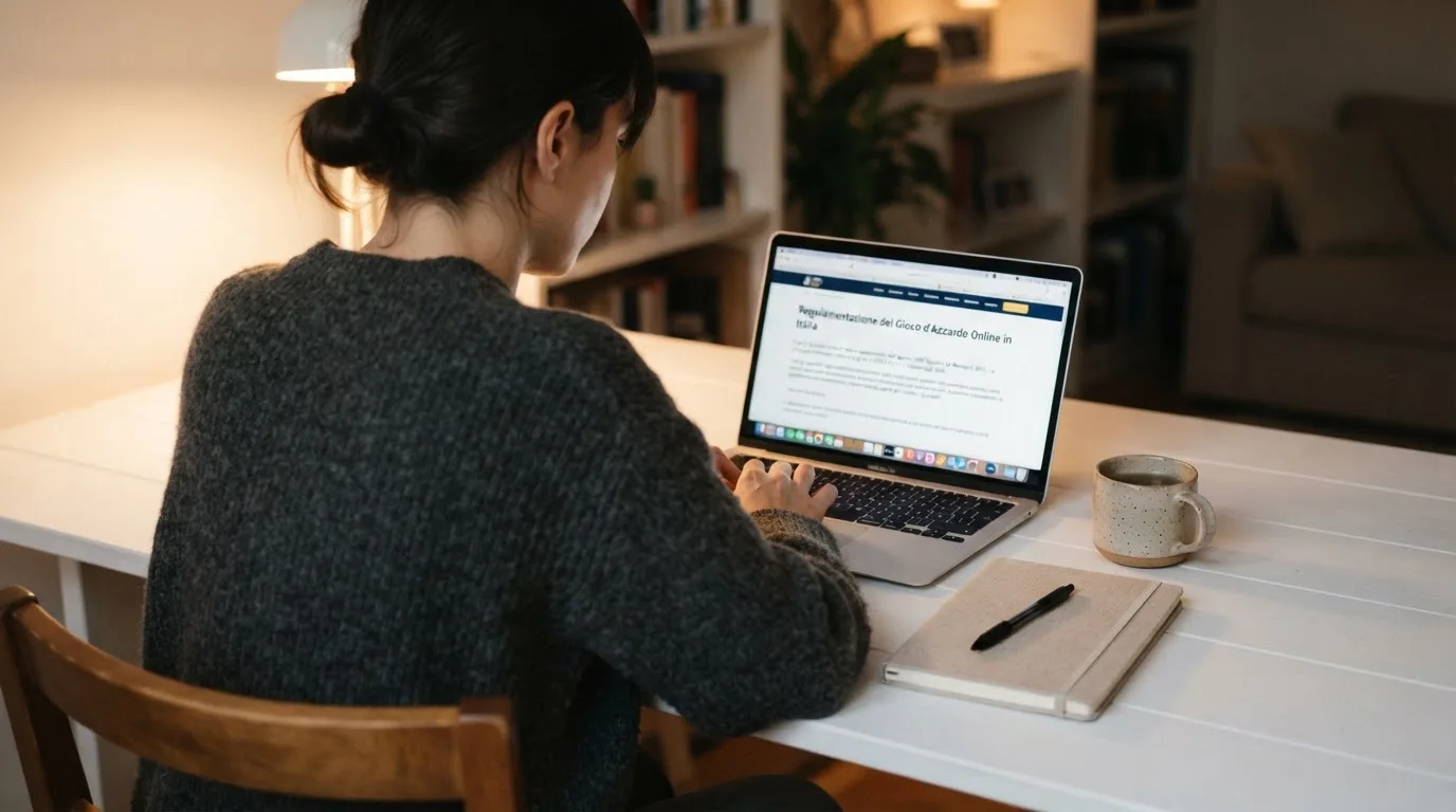 Persona davanti a un portatile che legge una pagina informativa sul gioco online in Italia — casino non aams che accettano postepay