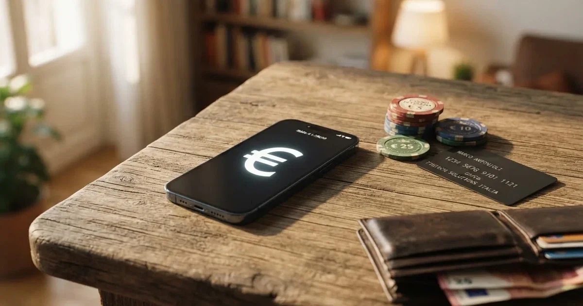 Terminale di pagamento e smartphone su un tavolo di legno accanto a un portafoglio — casino non aams che accettano postepay