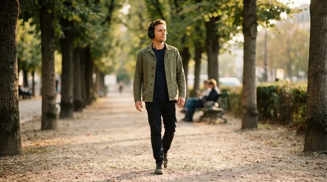 Un uomo cammina all'aperto in un parco cittadino indossando cuffie, lontano da qualsiasi dispositivo elettronico acceso.