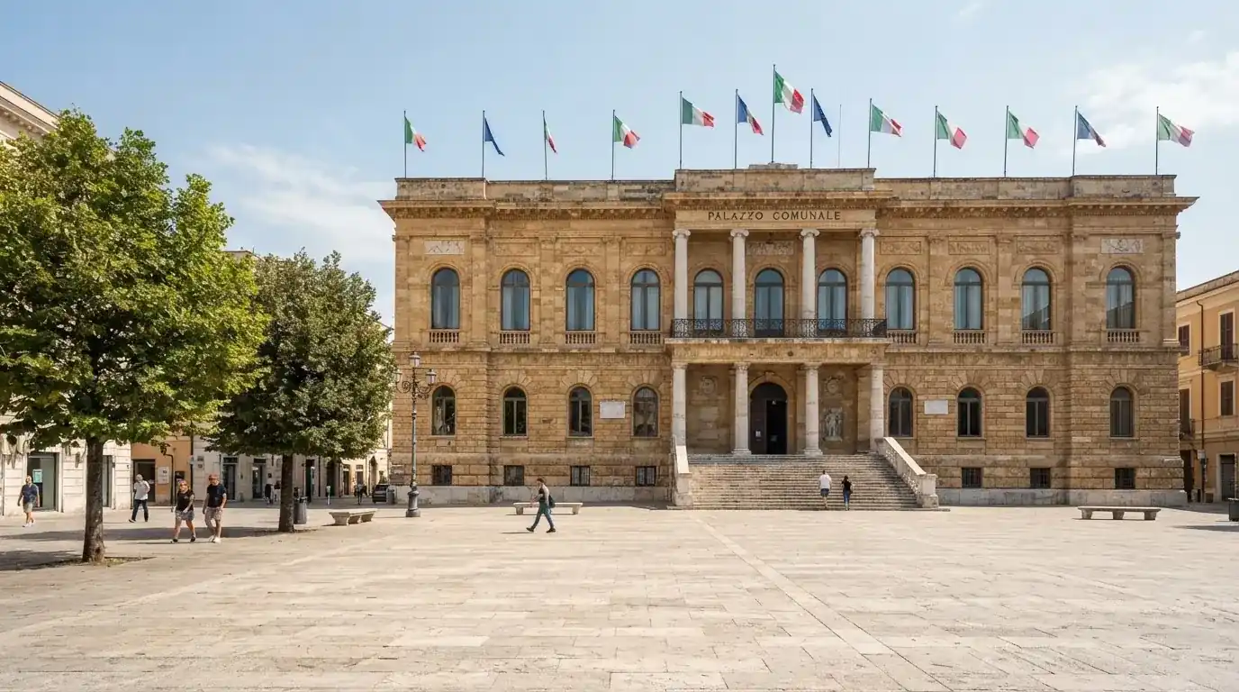Palazzo istituzionale con bandiere al vento in una piazza soleggiata — casino online con bonus crab