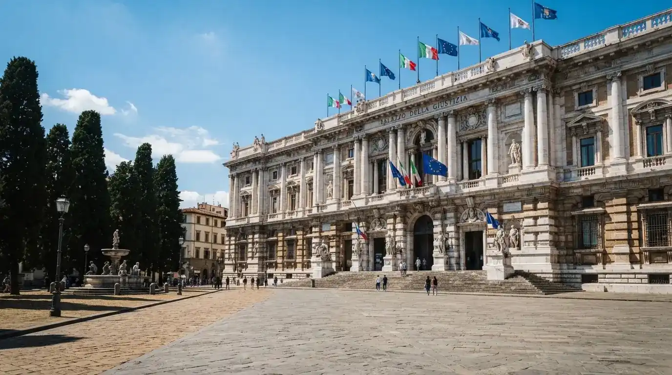 Palazzo istituzionale con bandiere al vento in una piazza soleggiata — casino online con cie