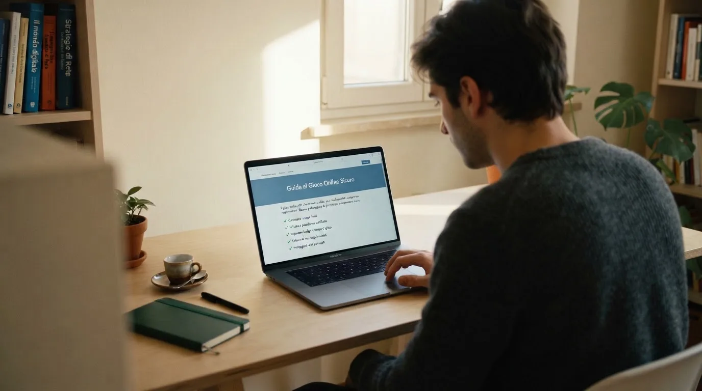 Persona davanti a un portatile che legge una pagina informativa sul gioco online in Italia — casino online con soldi finti