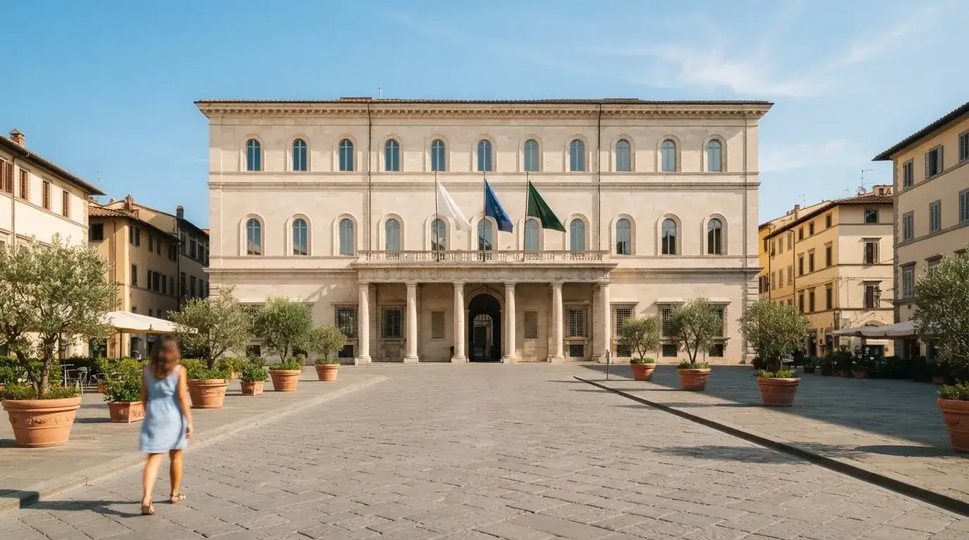 Palazzo istituzionale con bandiere al vento in una piazza soleggiata — casino online con soldi finti