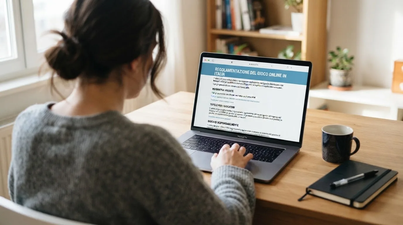 Persona davanti a un portatile che legge una pagina informativa sul gioco online in Italia — casino online italiani autorizzati aams