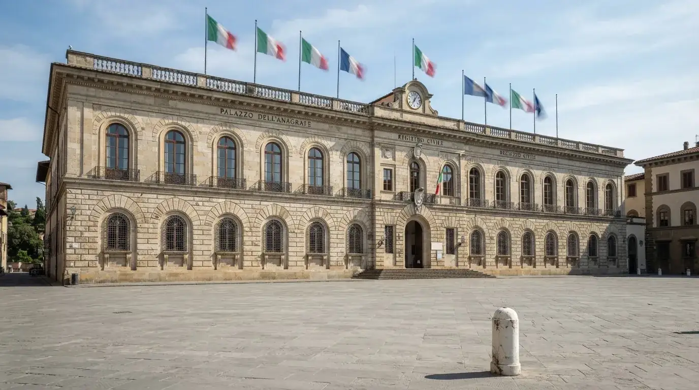 Palazzo istituzionale con bandiere al vento in una piazza soleggiata — casino online italiani senza autoesclusione