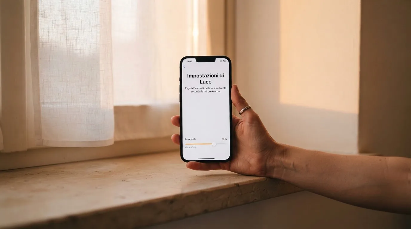 Mano che tiene uno smartphone accanto a una finestra, luce serale tranquilla — casino online sanremo