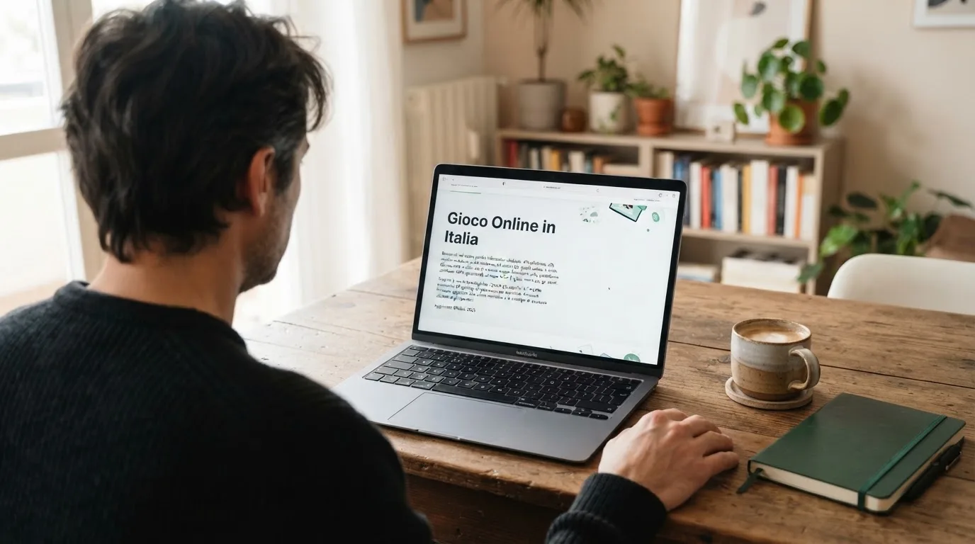 Persona davanti a un portatile che legge una pagina informativa sul gioco online in Italia — casino online senza registrazione