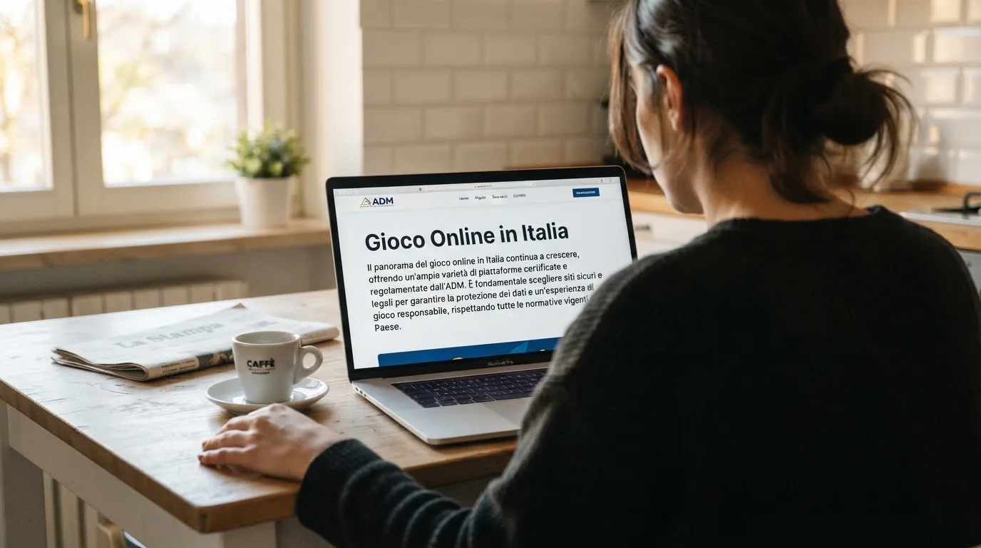 Persona davanti a un portatile che legge una pagina informativa sul gioco online in Italia — casino senza codice fiscale