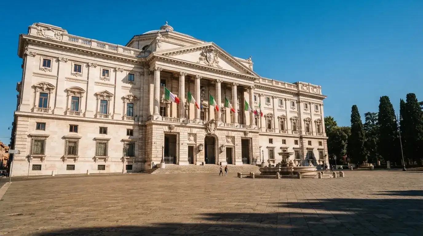 Palazzo istituzionale con bandiere al vento in una piazza soleggiata — casino senza codice fiscale