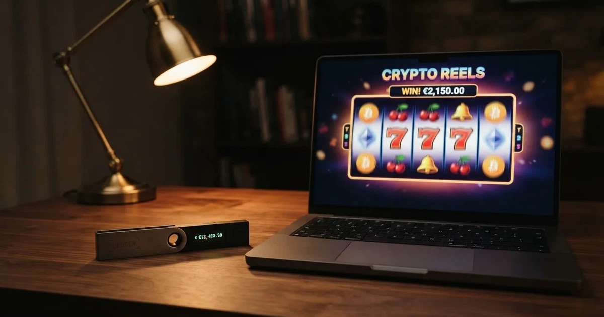 Portafoglio hardware accanto a un portatile su una scrivania scura con lampada — casino senza codice fiscale