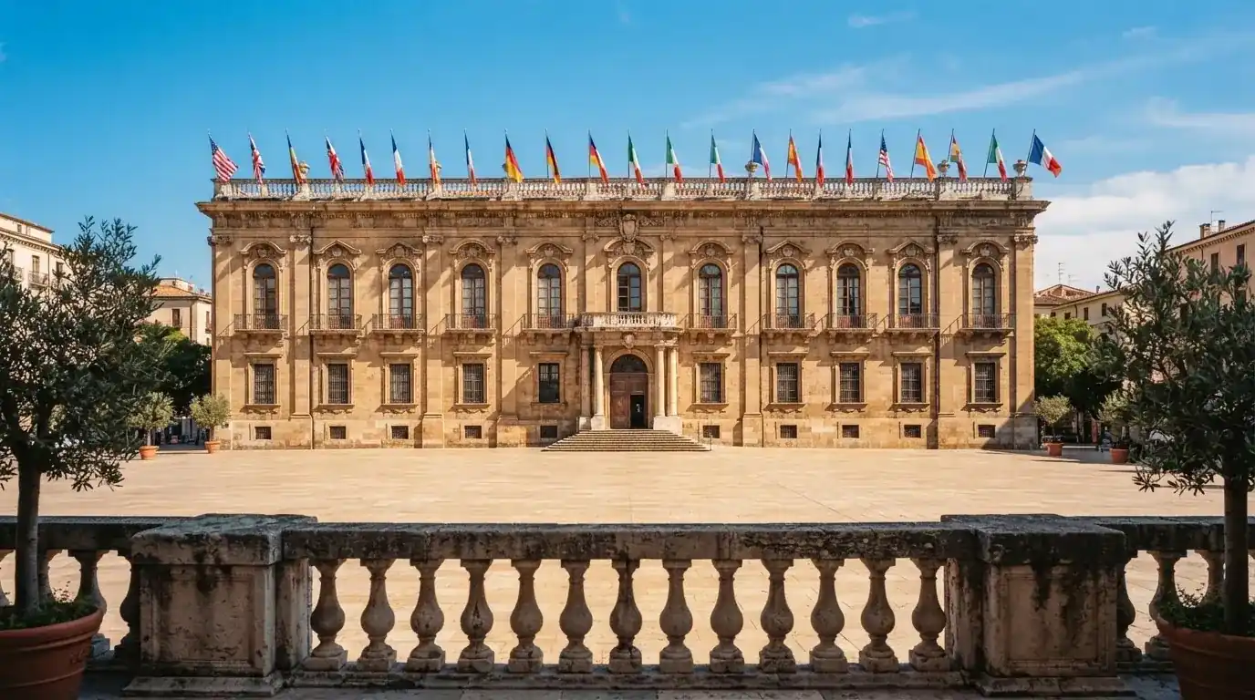 Palazzo istituzionale con bandiere al vento in una piazza soleggiata — casinò slot machines con rtp alto